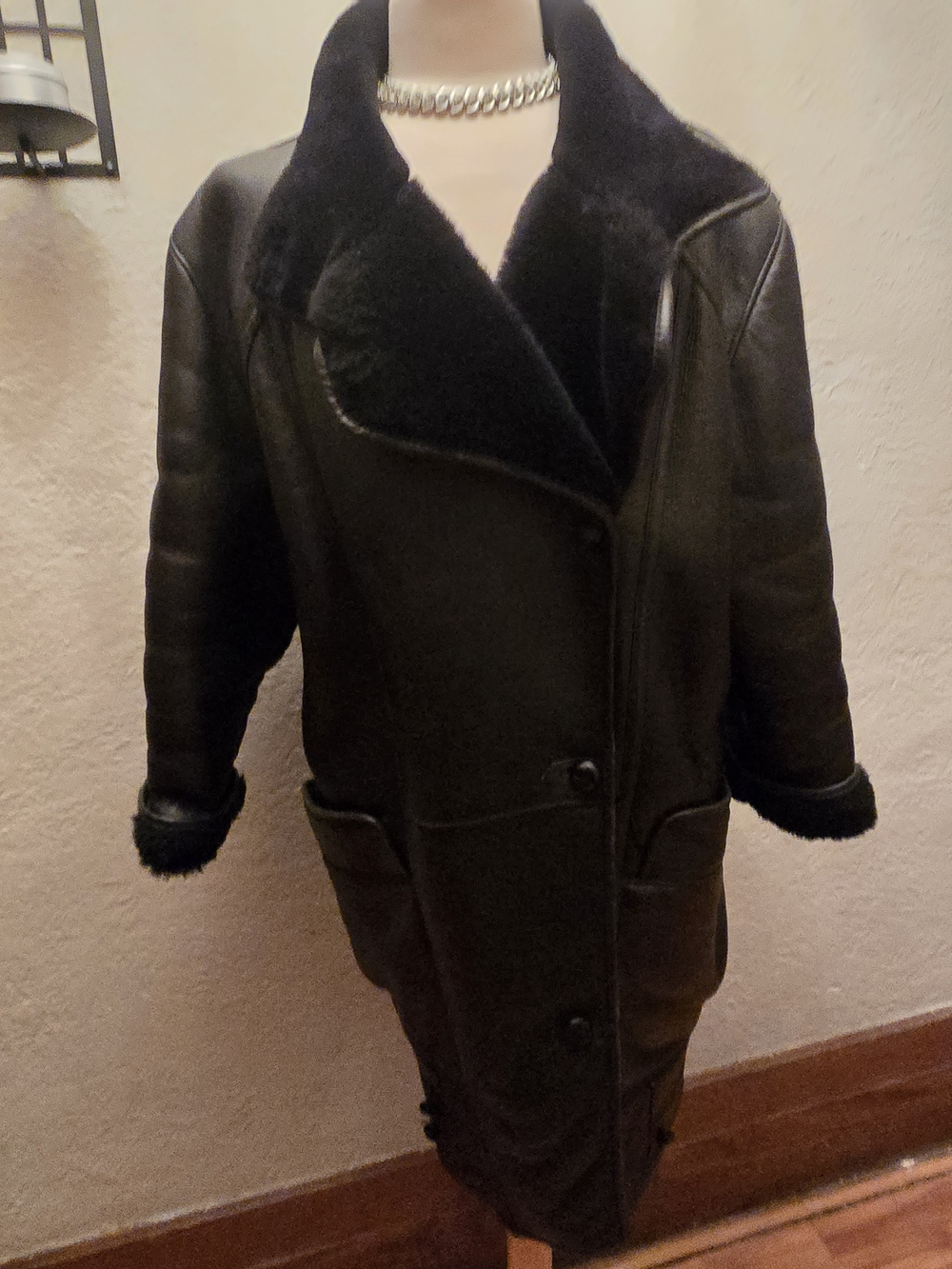 Vintage Shearling Leather Coat Black Oversized Luxe Collar Jacket